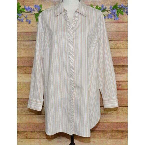 FOXCROFT No-Iron Long Sleeve Khaki Striped Button Down Collared Shirt Size 14W - Picture 1 of 11